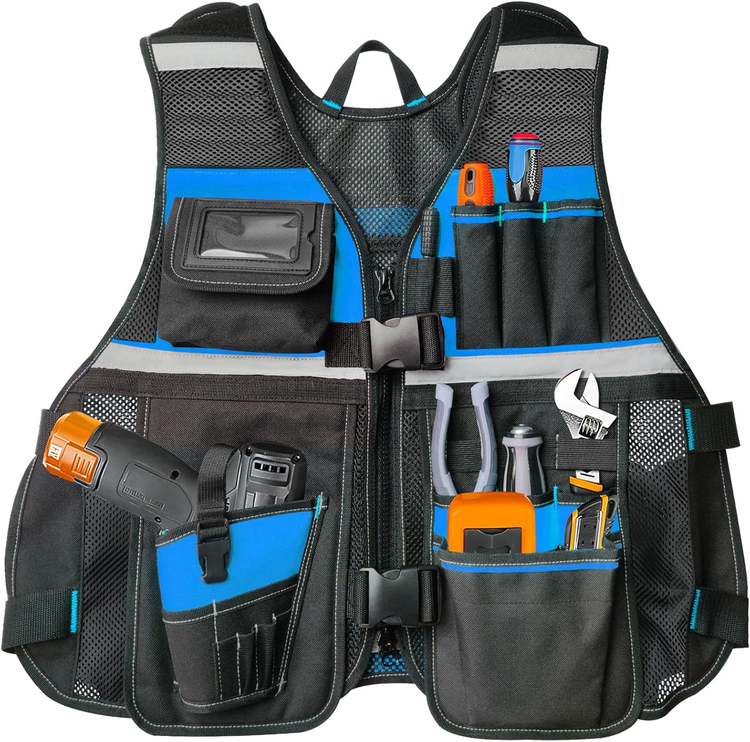 Electrician Tool Vest with Drill Holster and 17 Compartments