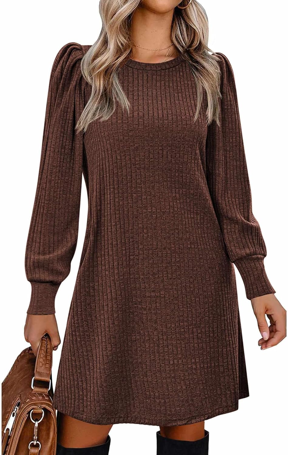 Stylish Women's Knit Dress with Puff Sleeves for Fall & Winter