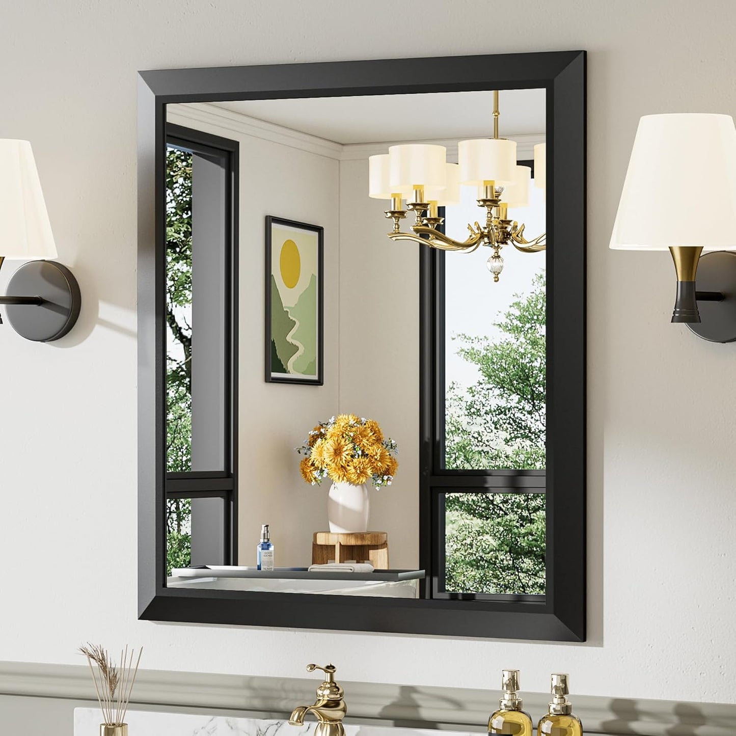 28x32 Inch Black Bathroom Mirror with Thick Metal Frame