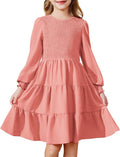 Girls Boho Long Sleeve Shirred Smocked Tiered Dress - With Pockets