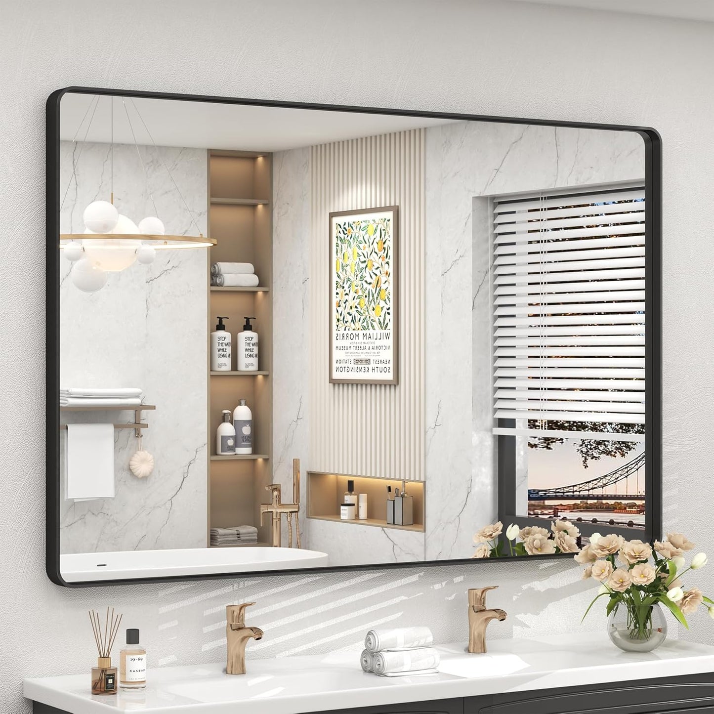 55x40 Inch Black Metal Framed Bathroom Mirror for Wall Decor
