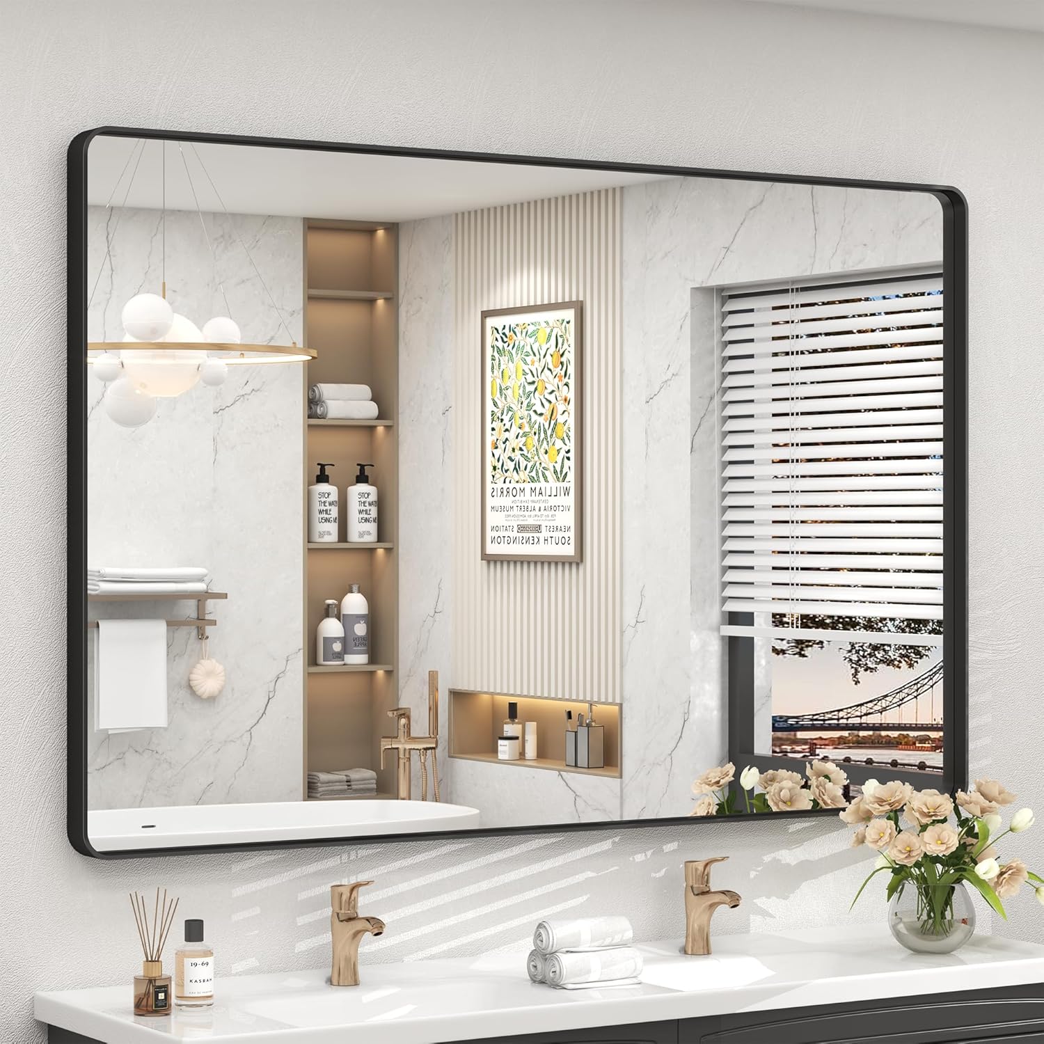 55x40 Inch Black Metal Framed Bathroom Mirror for Wall Decor