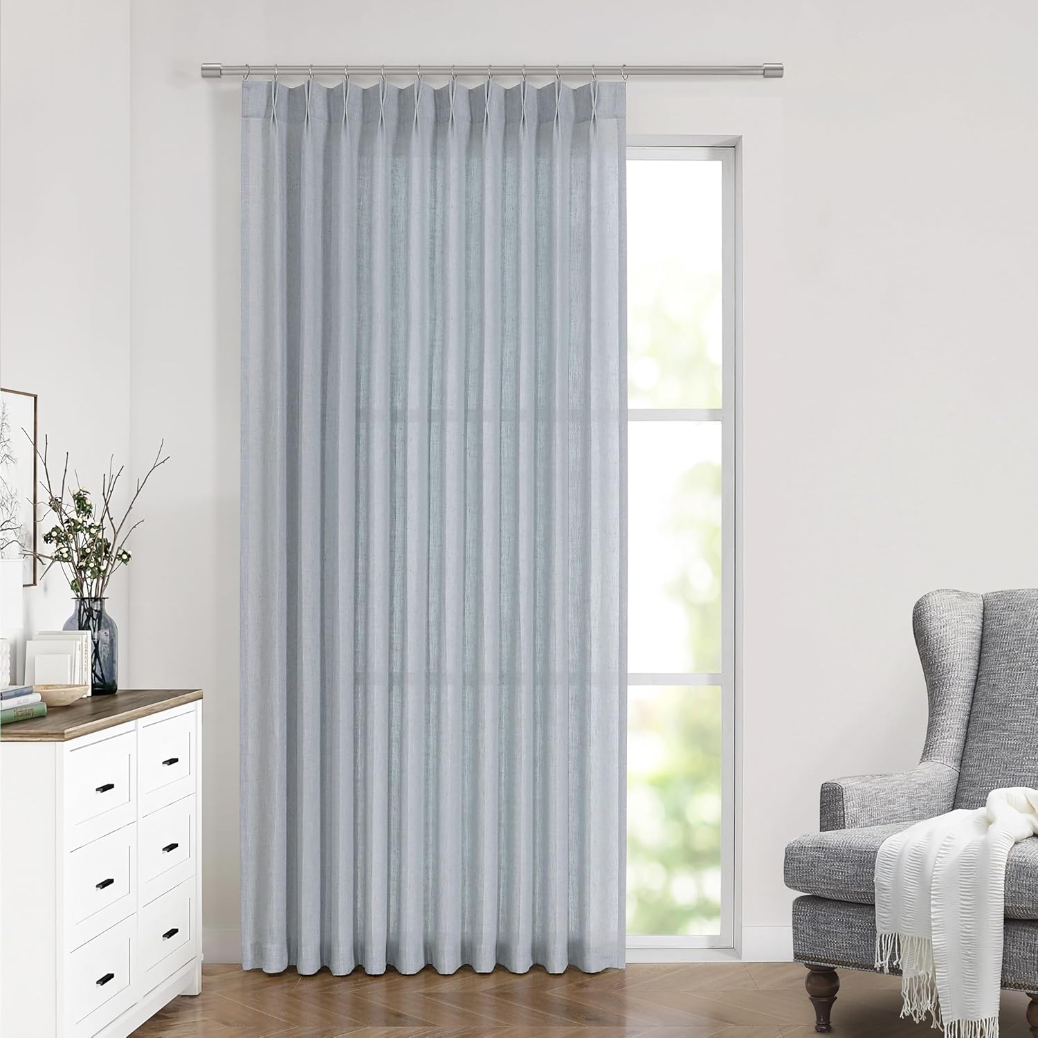 Blue Grey Pinch Pleated Semi Sheer Curtains for Modern Homes
