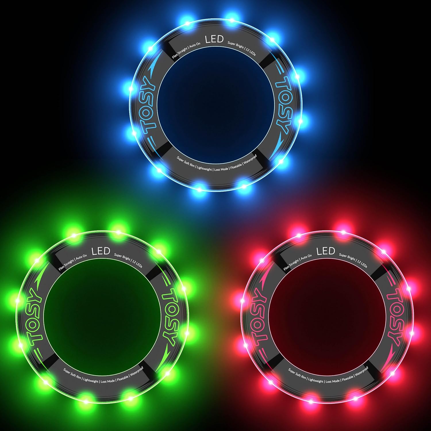 TOSY Bundle of 3 Flying Rings - 12 LEDs Super Bright