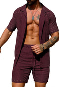 Men's 2 Piece Summer Beach Lace Shirt and Shorts Set - Sheer Floral