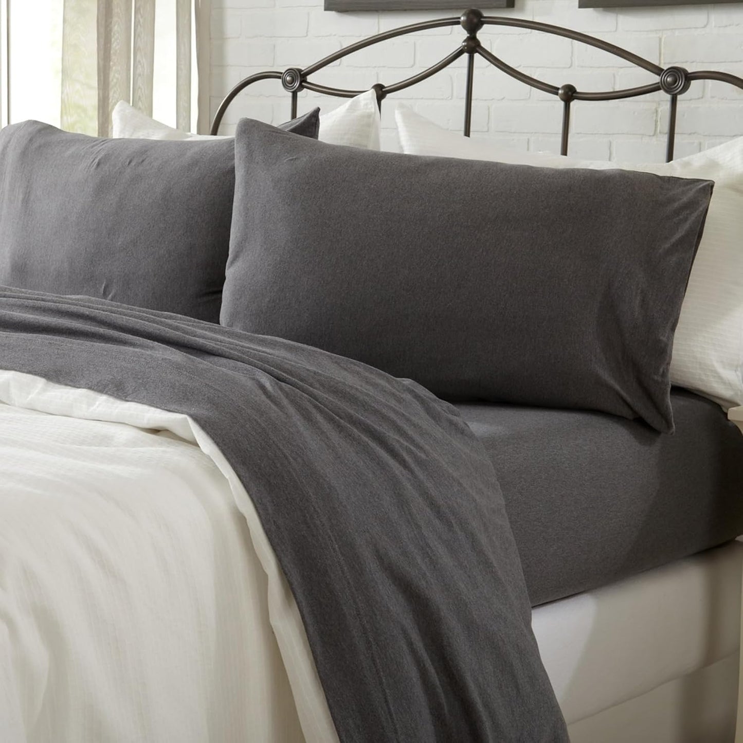 Cotton Jersey Knit Queen Sheet Set - Ultra-Soft Dark Grey