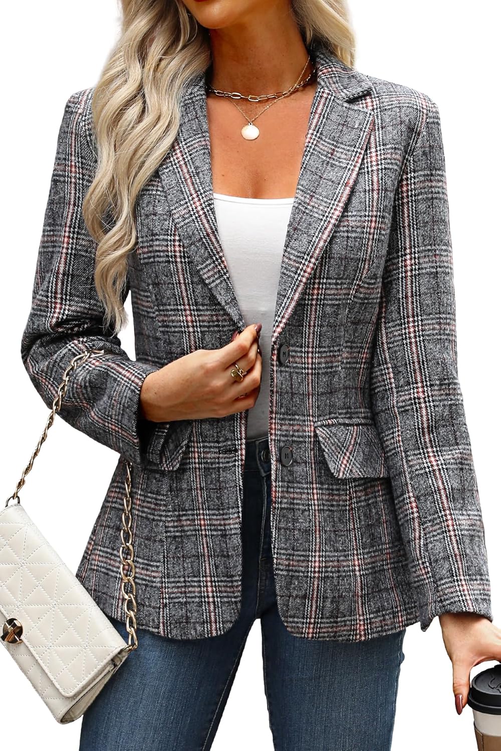 ELLEVEN Women's Lapel Collar Plaid Blazer for Stylish Workwear