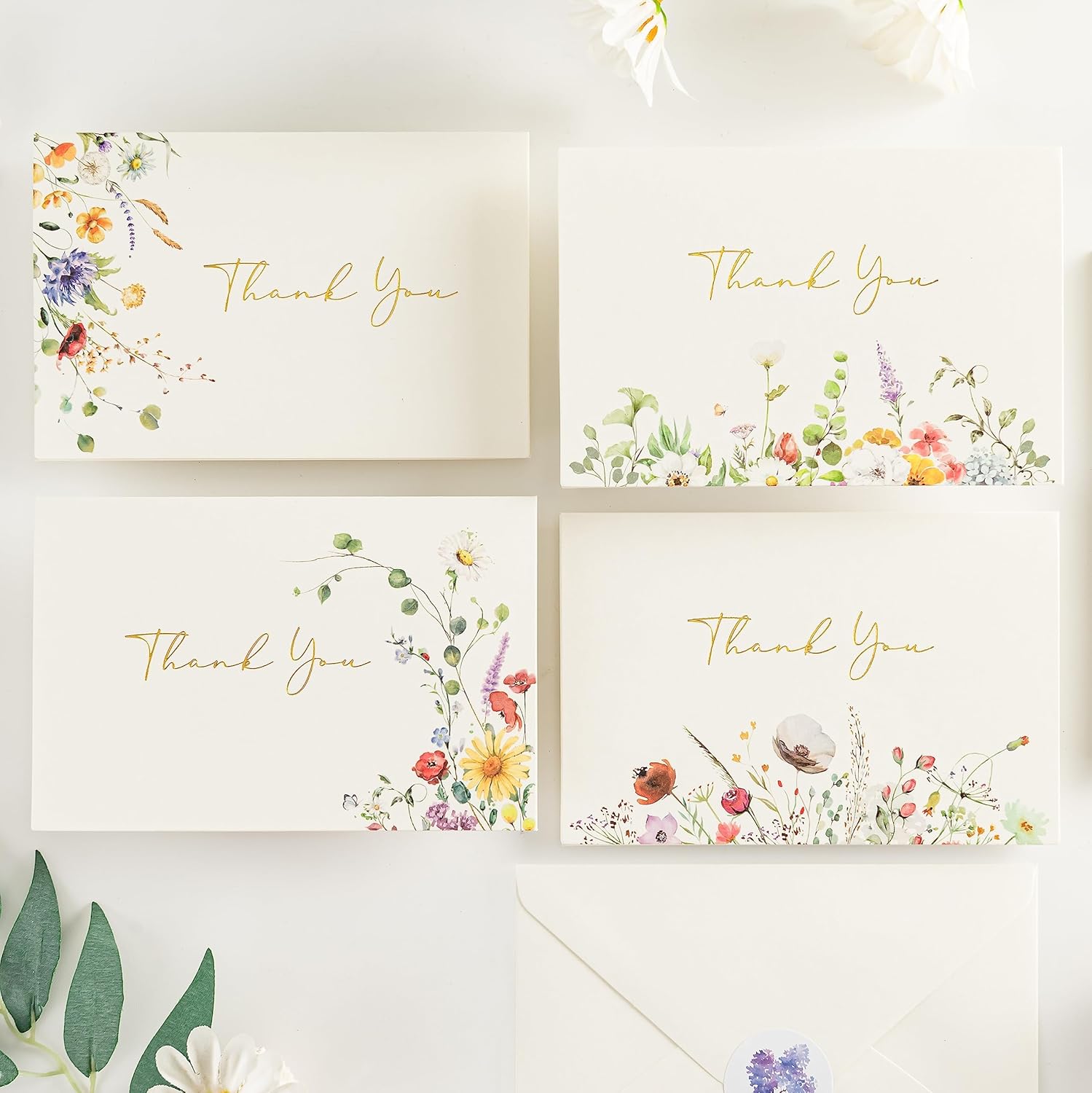 Crisky Thank You Cards with Gold Foil Watercolor Wildflowers