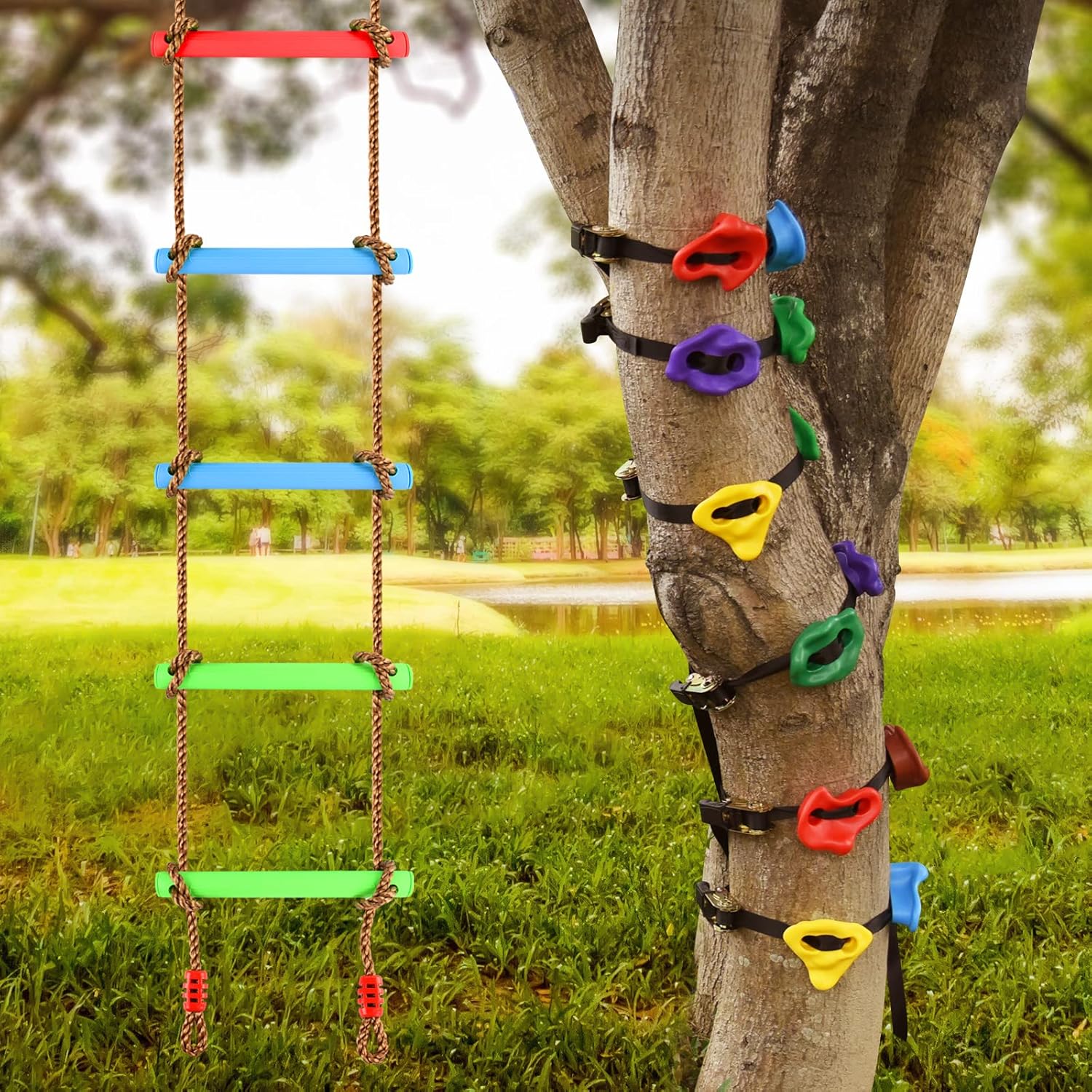 12 Tree Climbing Holds with Rope Ladder for Outdoor Fun