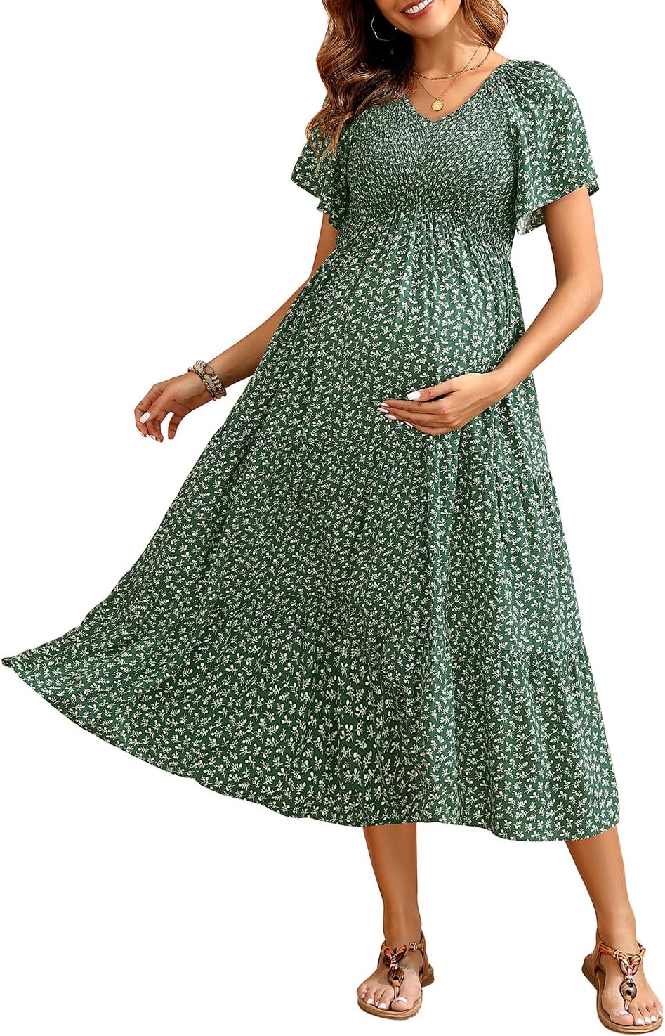 Maternity Dress for Baby Shower - Flutter Sleeve Midi Style