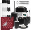 Black Bathroom Accessories Set with Shower Curtain and Red Rugs