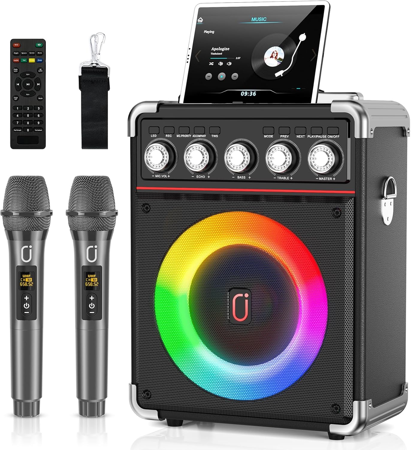 HWWR Karaoke Machine: Dual Microphones, Bluetooth Speaker, LED Lights
