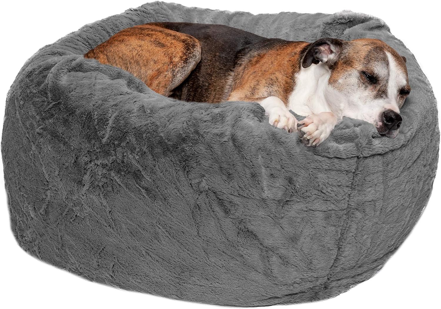 Plush Faux Fur Ball Bed for Big Dogs - Washable & Cozy - Gray Mist, Large