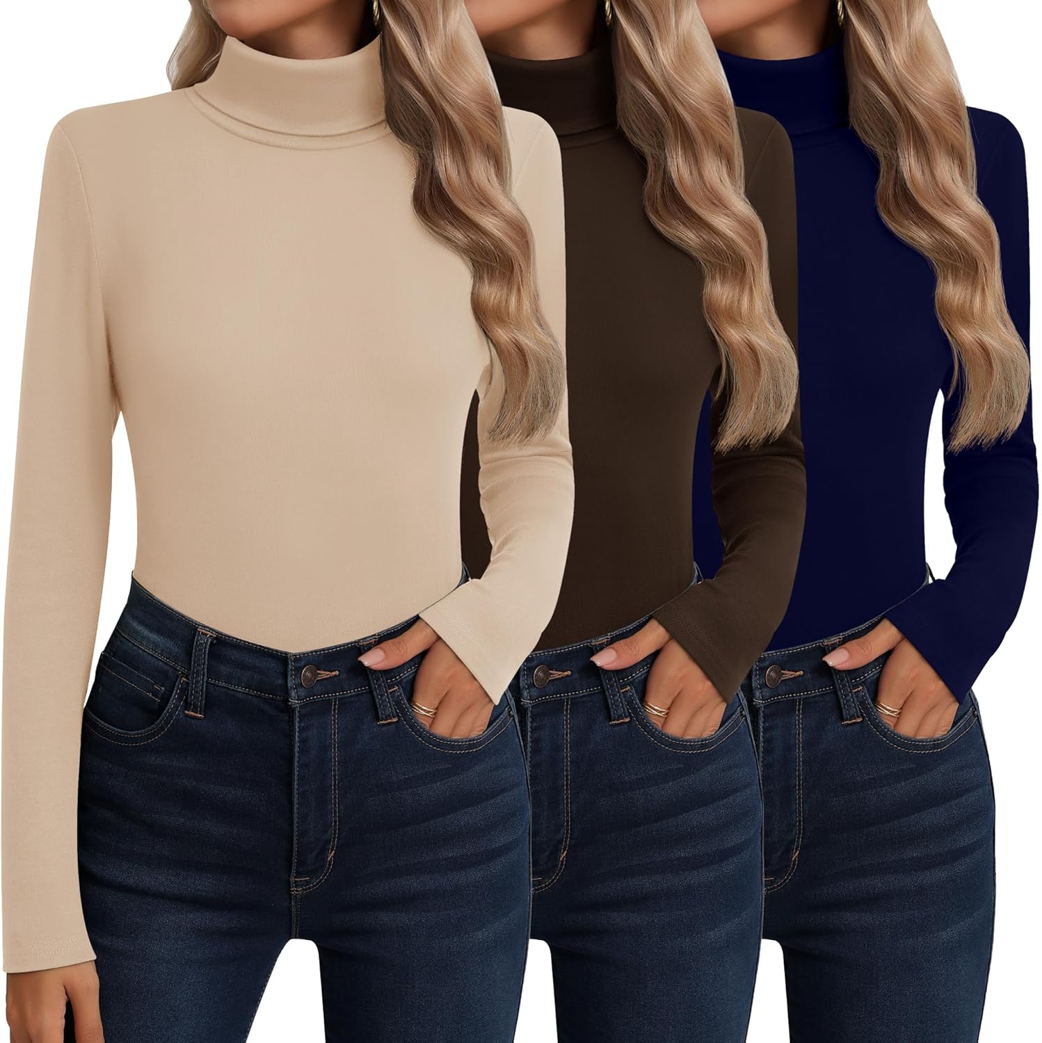 Neer 3 Pack Cotton Women's Turtleneck Long Sleeve Tops