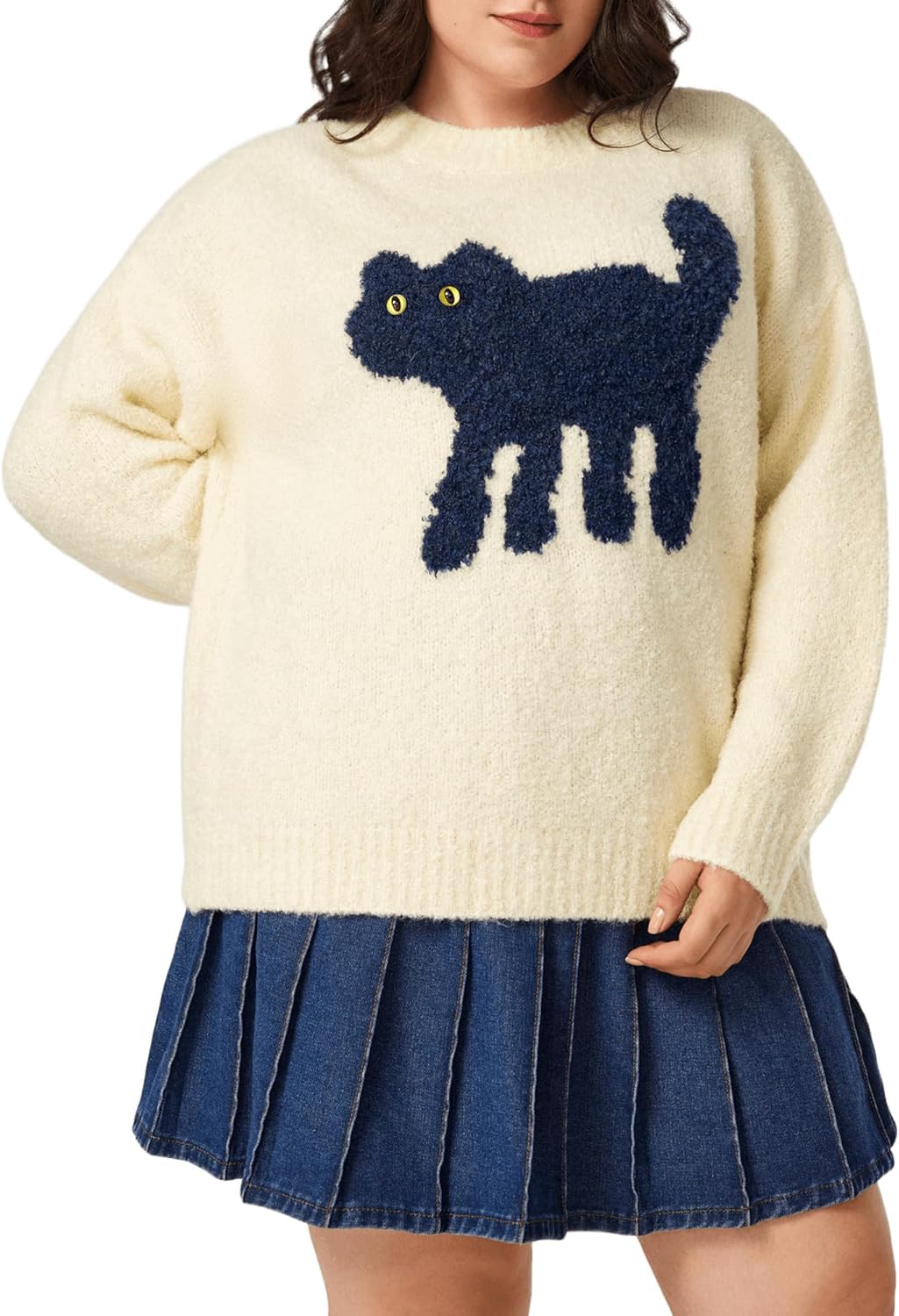 CIDER Womens Cat Sweater Long Sleeve Crew Neck Fun Graphic Top
