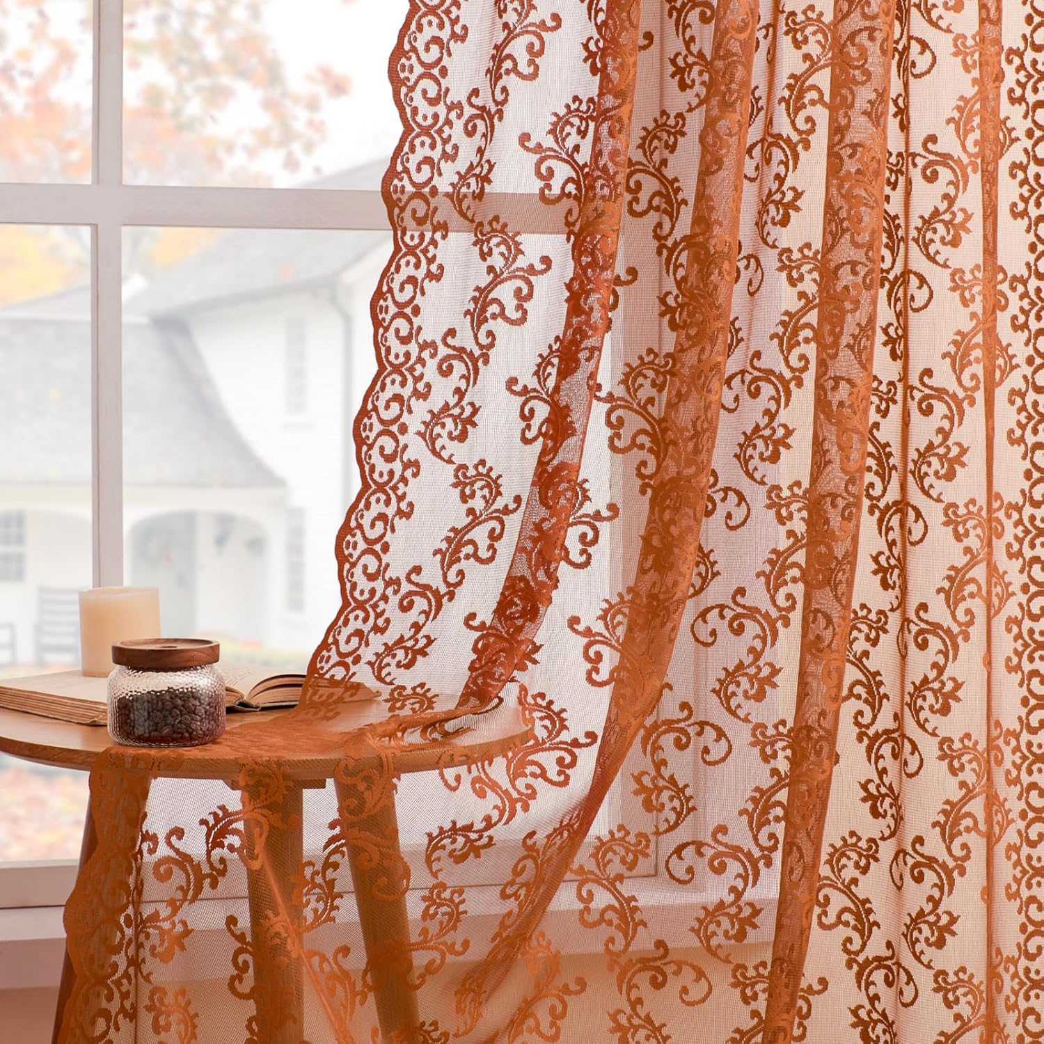 Terracotta Rust Lace Curtains: Fall Country Charm