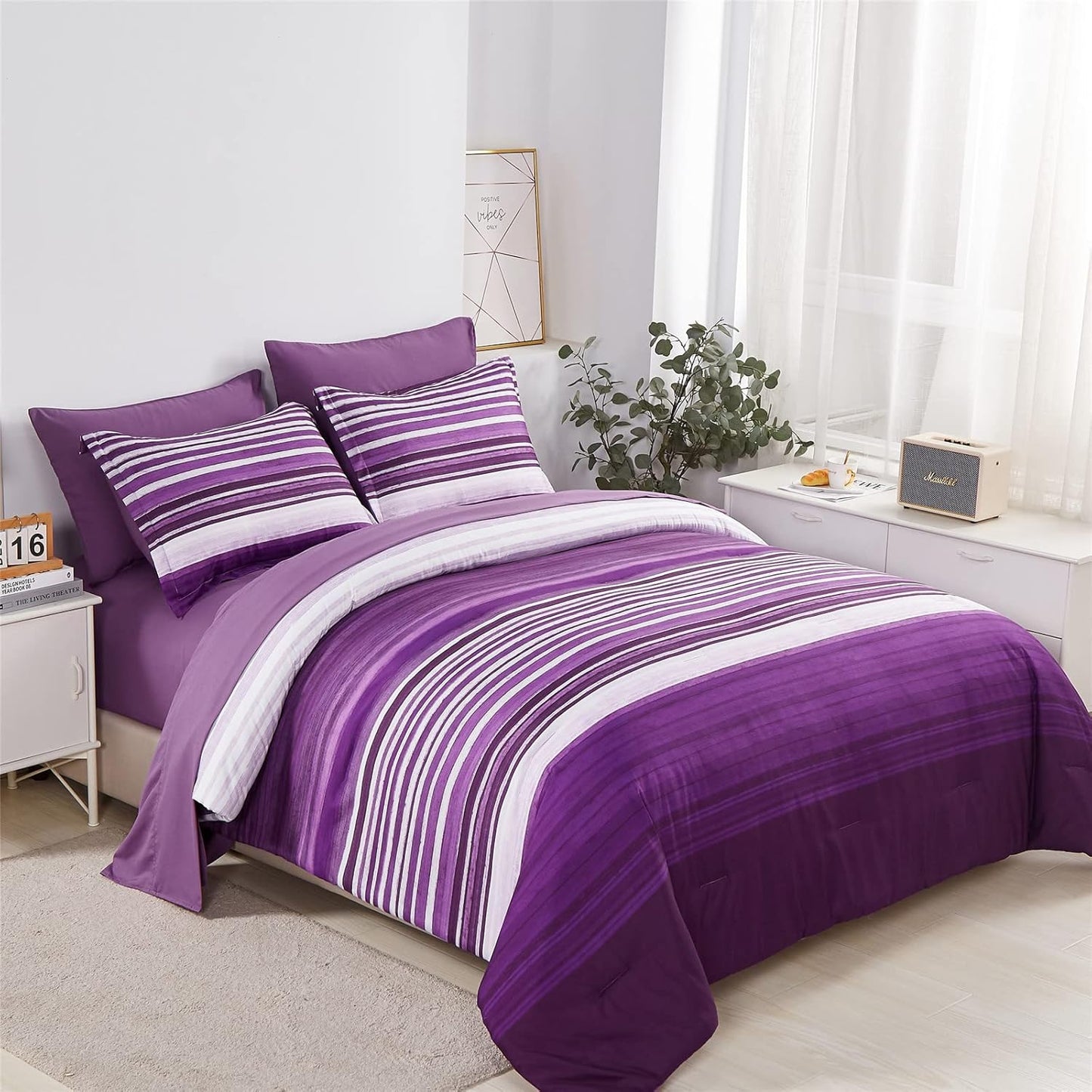 KAKIJUMN 7 Piece King Size Bed in a Bag Purple Comforter Set