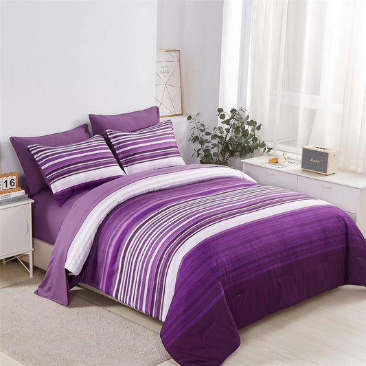 KAKIJUMN 7 Piece King Size Bed in a Bag Purple Comforter Set