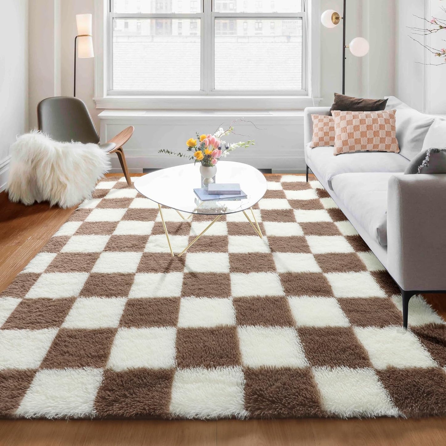 KICMOR 5x8 Brown and Cream Shaggy Area Rug for Cozy Spaces