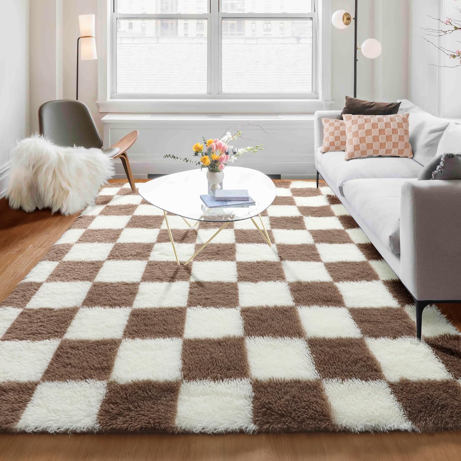 KICMOR 5x8 Brown and Cream Shaggy Area Rug for Cozy Spaces