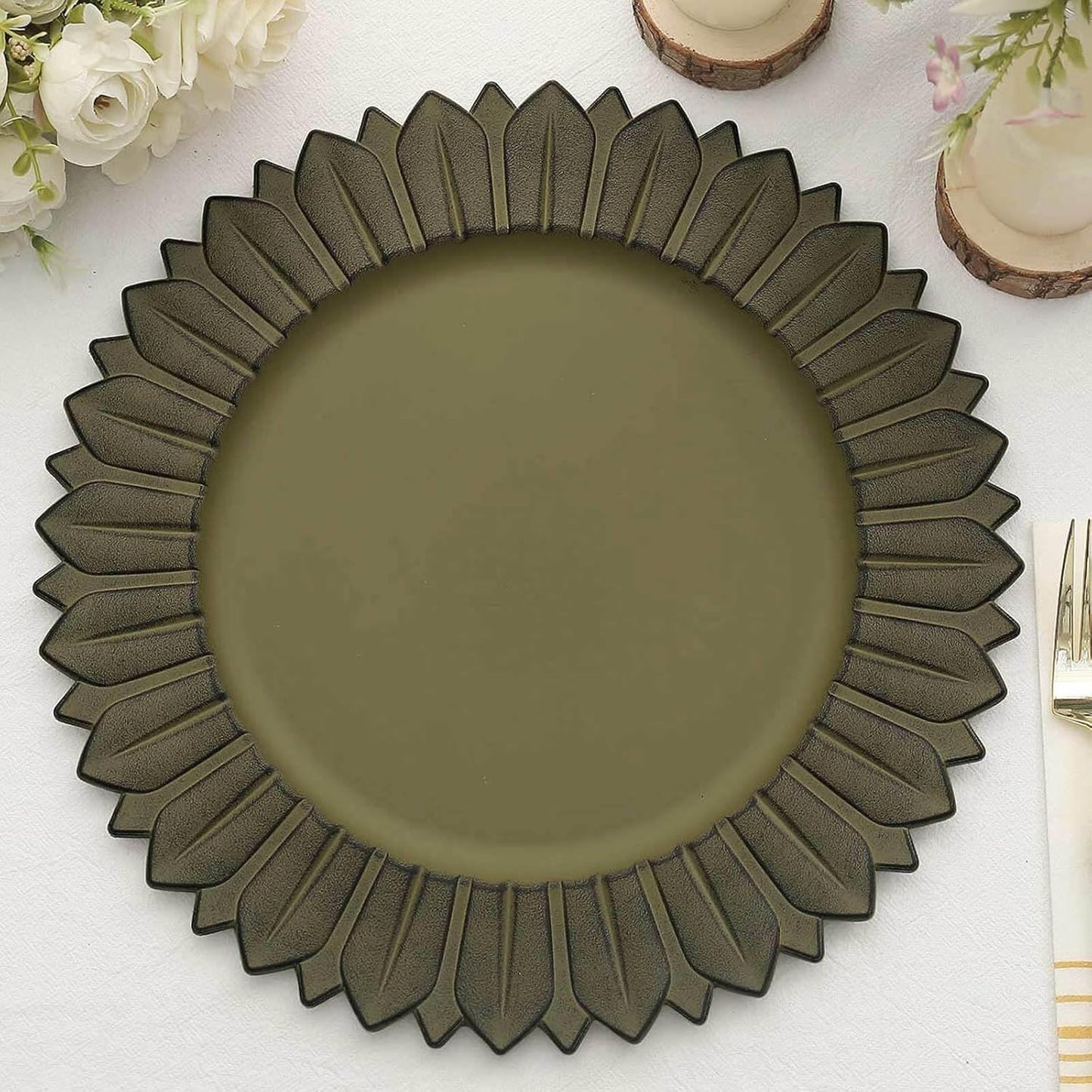 Matte Olive Green Sunflower Charger Plates | Elegant Disposable Trays