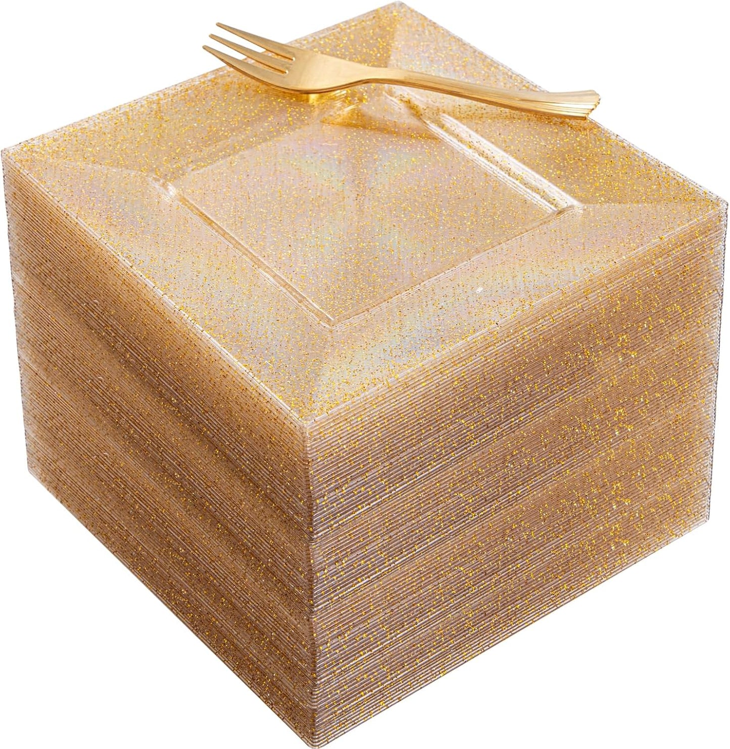 200pcs 6in Gold Dessert Plates with Plastic Forks for Parties