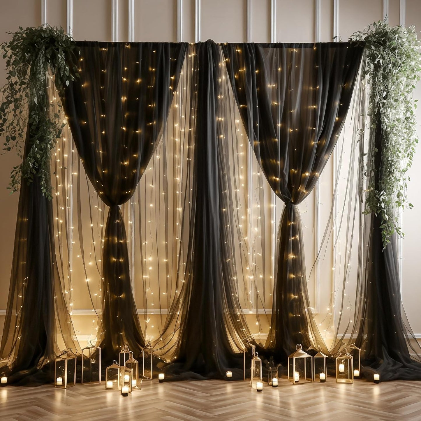 30ft x 10ft Black Backdrop Curtain with Lights for Events