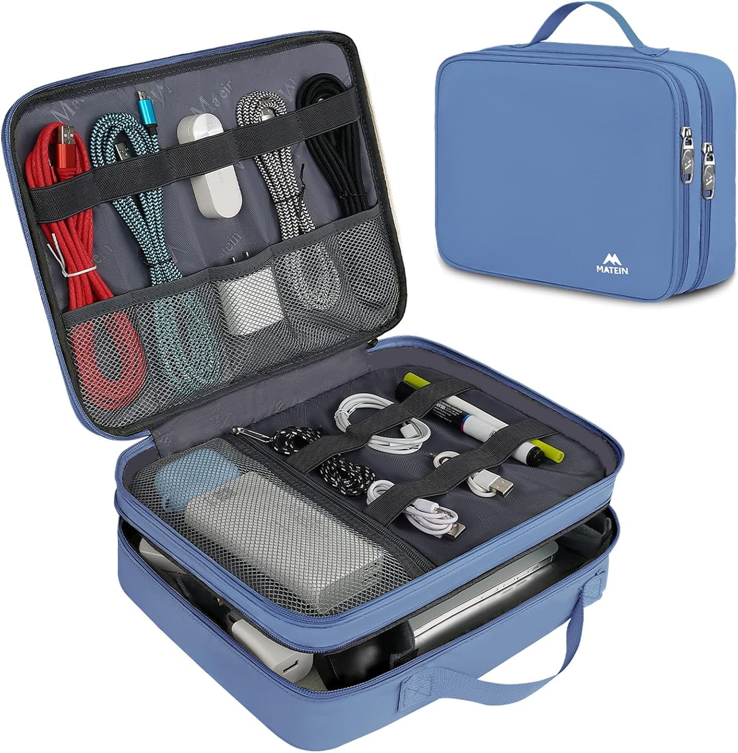 Tech Organizer Bag for Travel - Double Layered, Water-Resistant, Blue