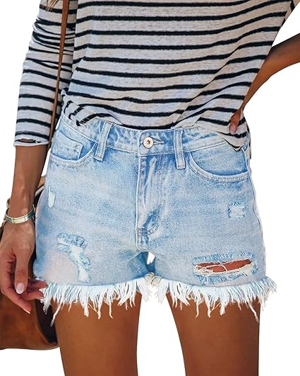 HOCAIES Women's High Waisted Jean Shorts with Frayed Hem Style