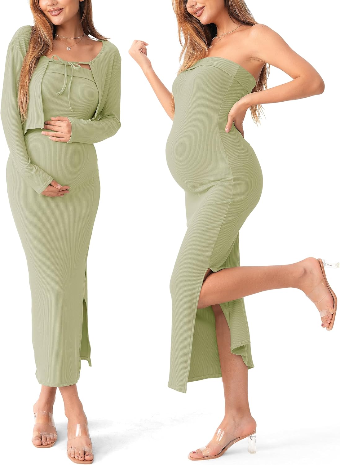 SUNNYBUY Maternity Tube Dress and Cardigan Set for Moms
