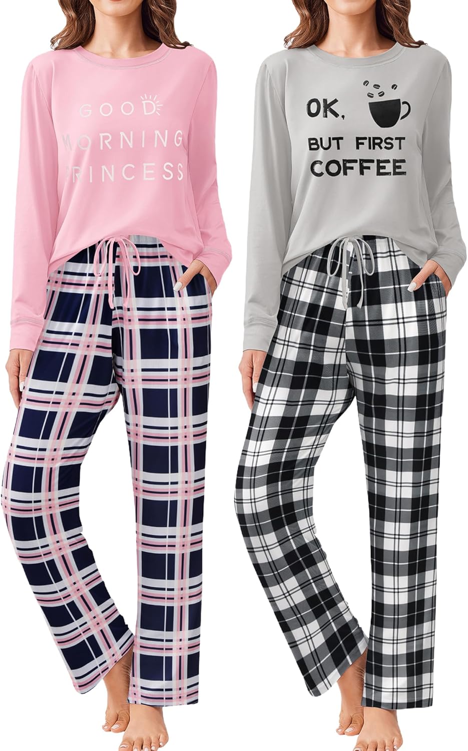 Ekouaer 2 Pack Women Pajama Long Sleeve Sleepwear Sets with Pockets