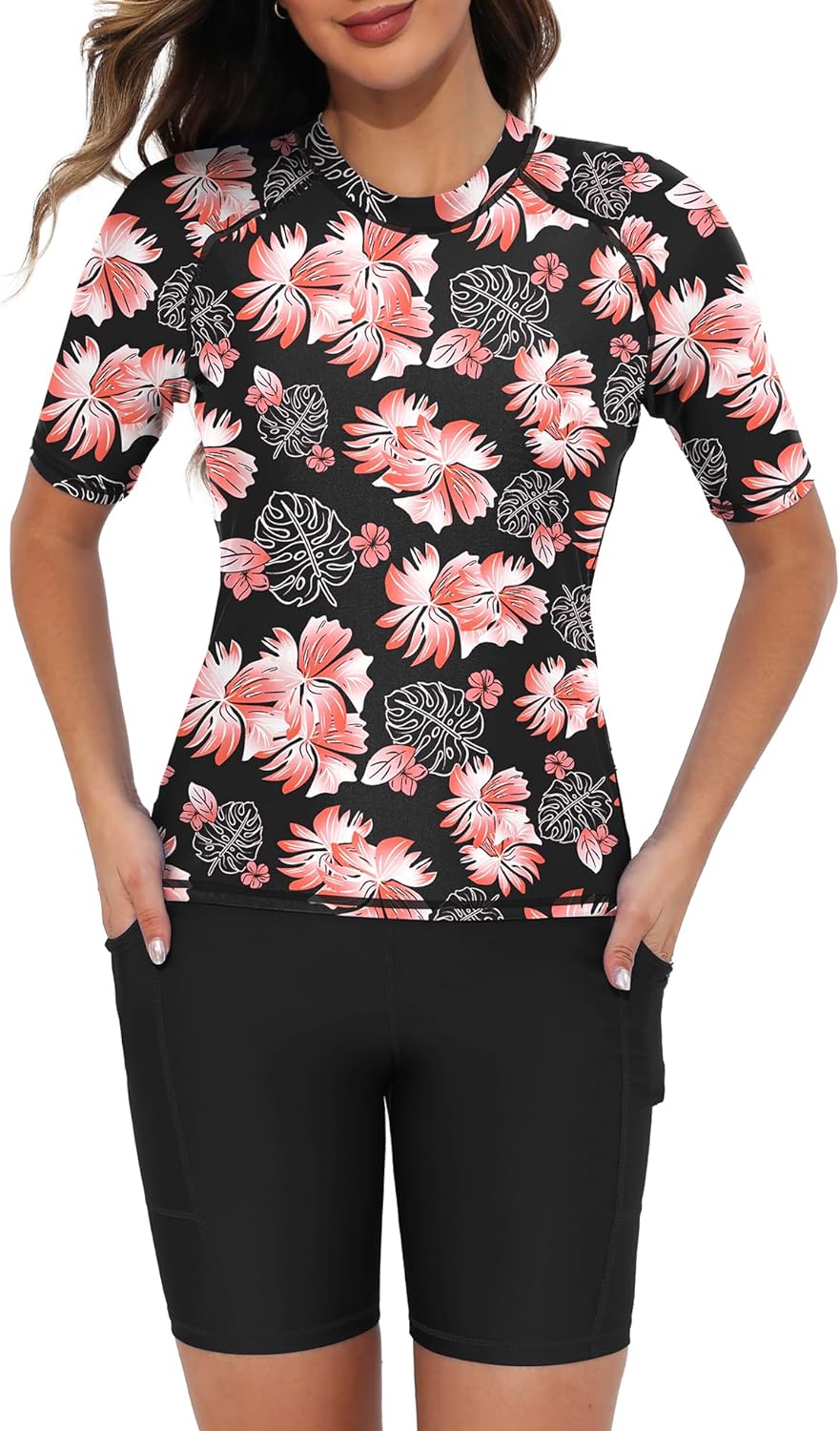 Tournesol Women's Two Piece Rash Guard Swim Set with Pockets