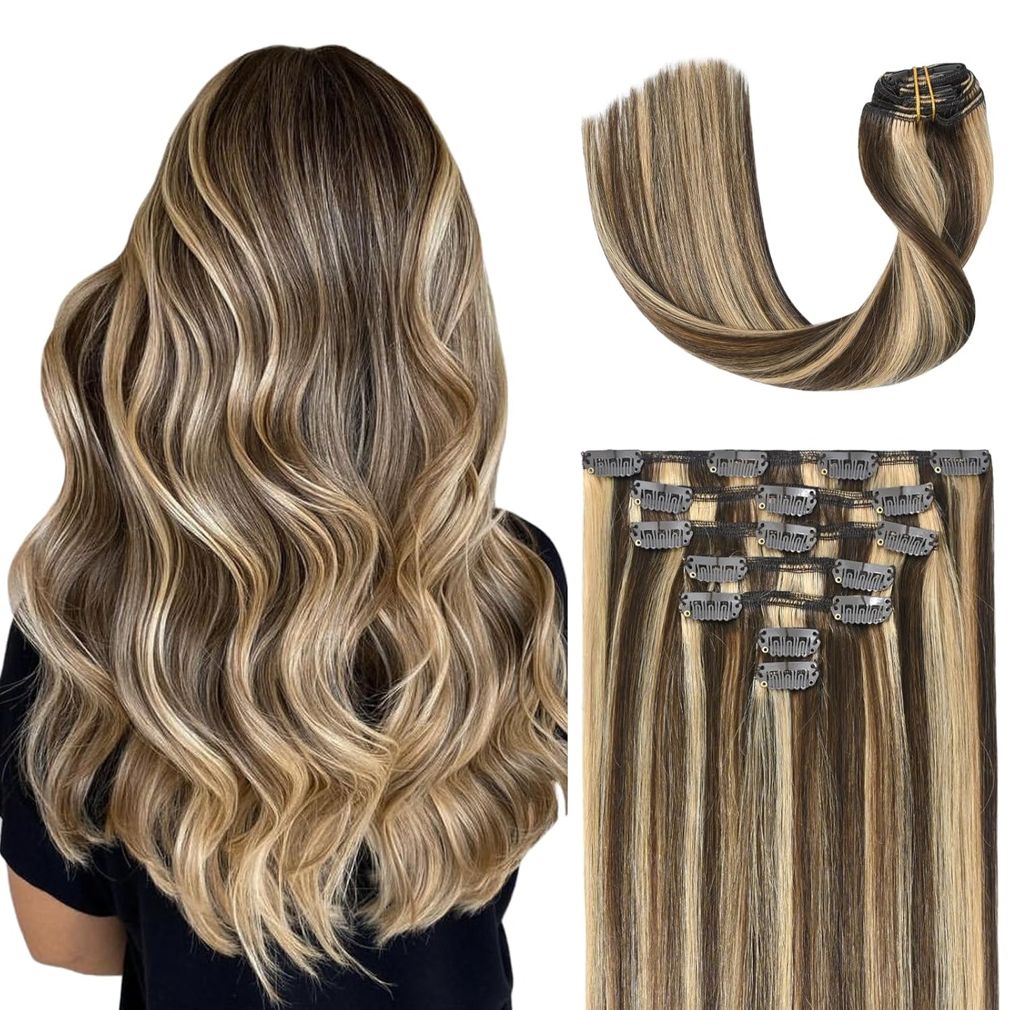 Clip in Hair Extensions Highlight Chocolate Brown to Caramel Blonde