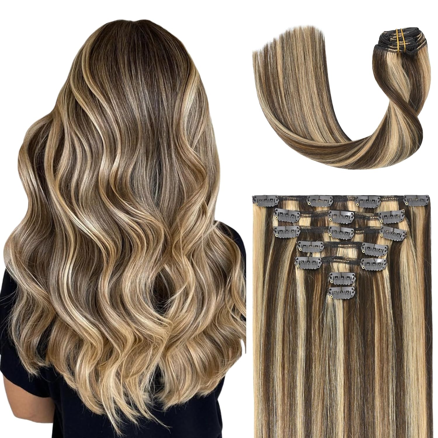 Clip in Hair Extensions Highlight Chocolate Brown to Caramel Blonde