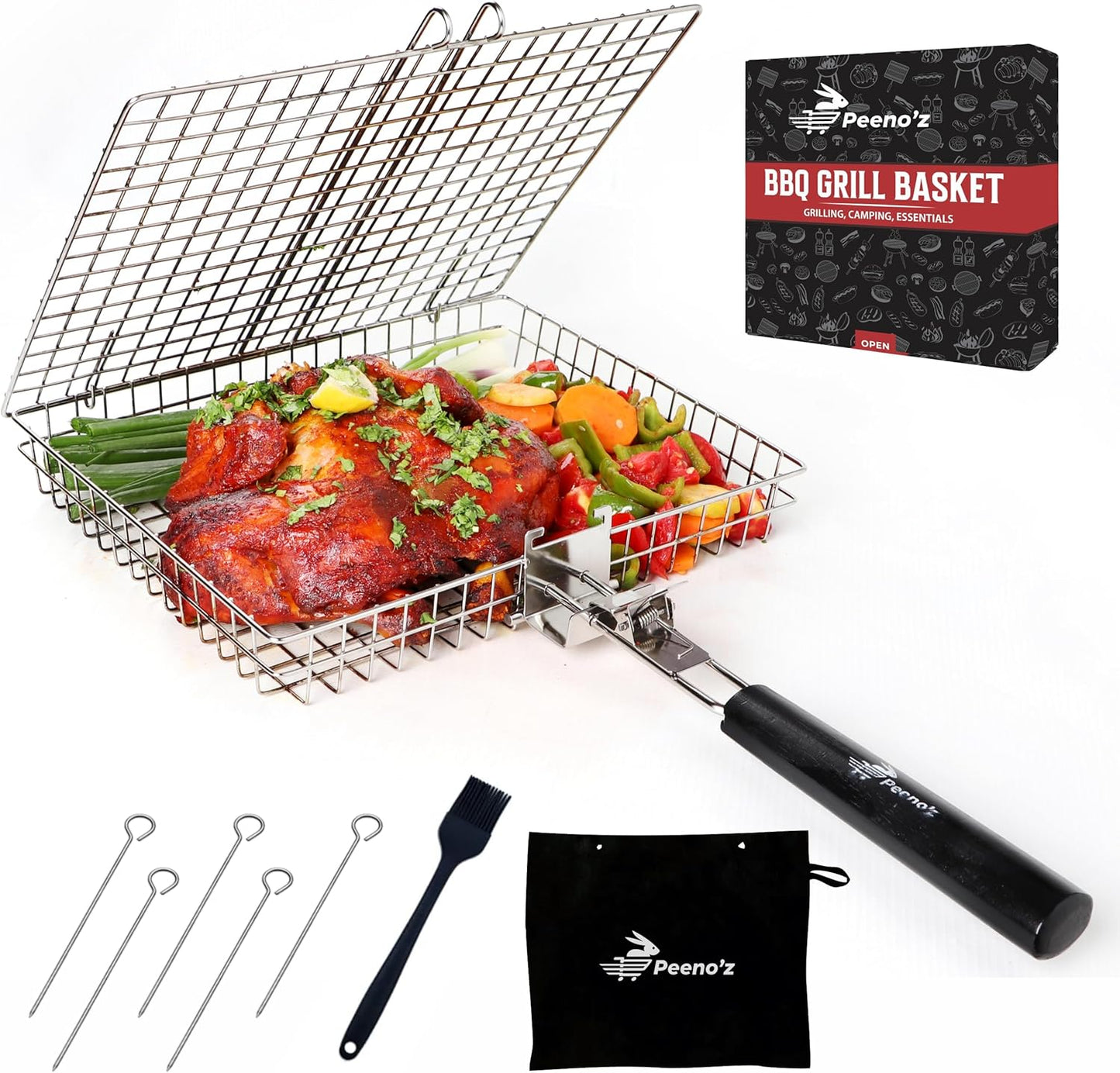 Peenoz Heavy-Duty Stainless Steel Grill Basket - Removable Handle, Perfect for Outdoor BBQ