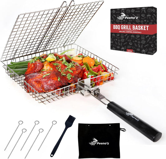 Peenoz Heavy-Duty Stainless Steel Grill Basket - Removable Handle, Perfect for Outdoor BBQ