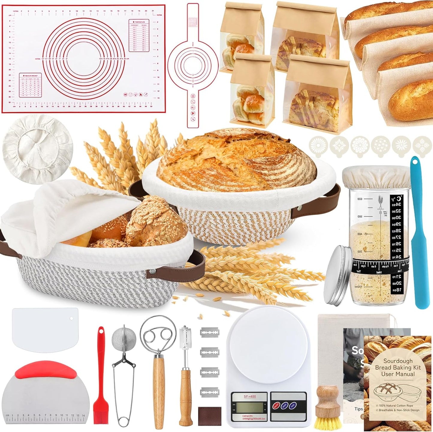Sourdough Bread Baking Supplies Kit with Proofing Baskets & Tools