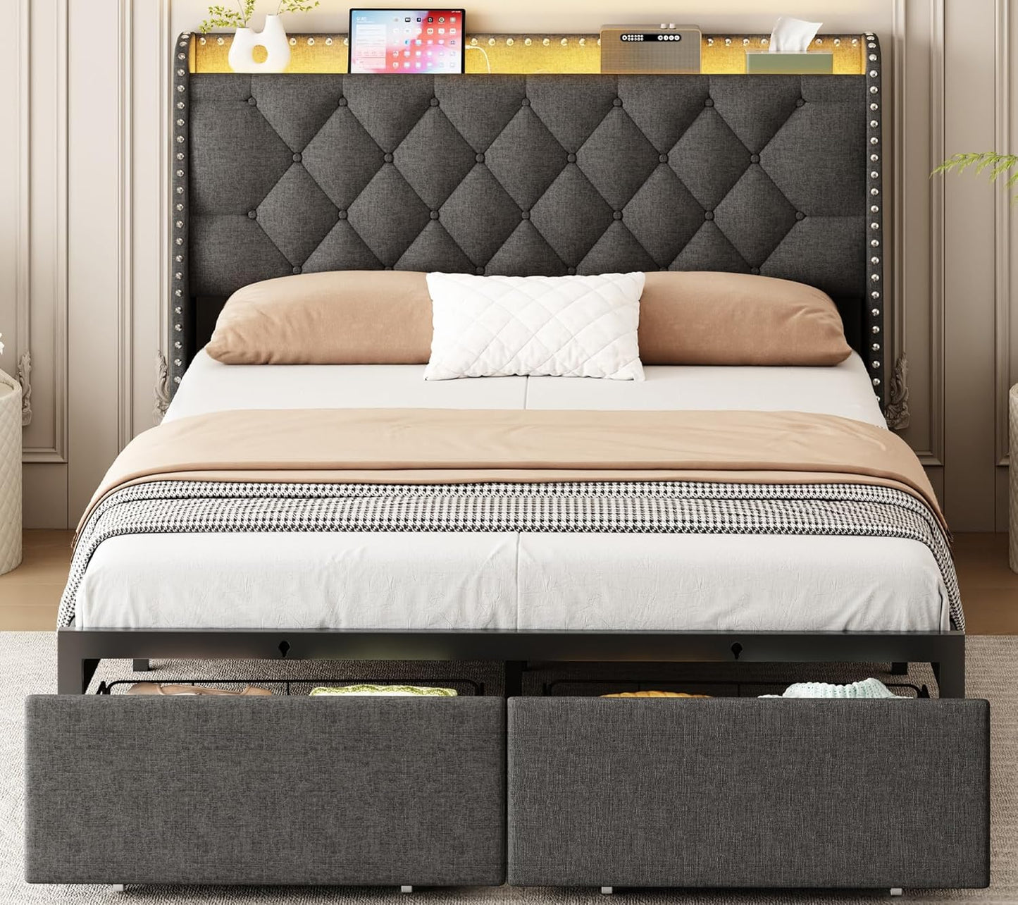 Full Bed Frame with Storage Drawers and LED Charging Station