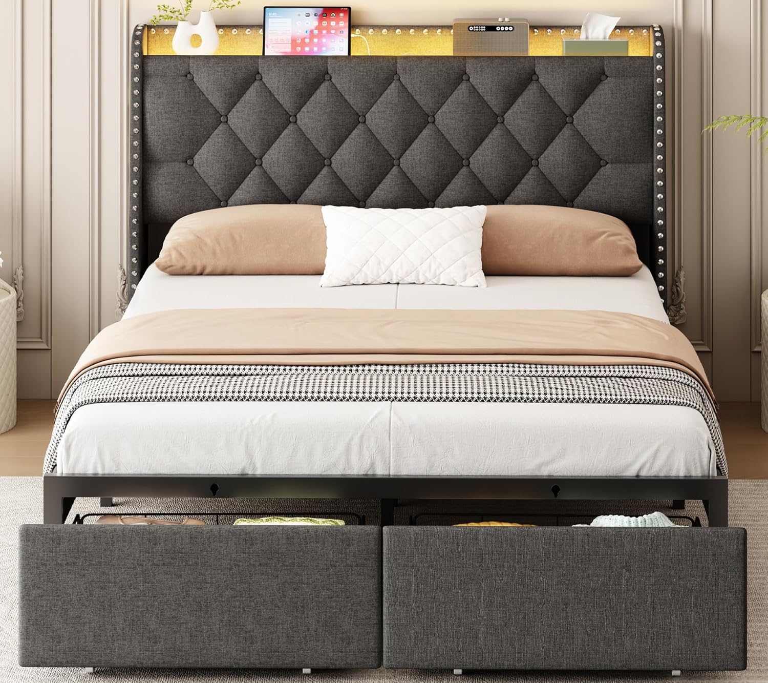 Full Bed Frame with Storage Drawers and LED Charging Station