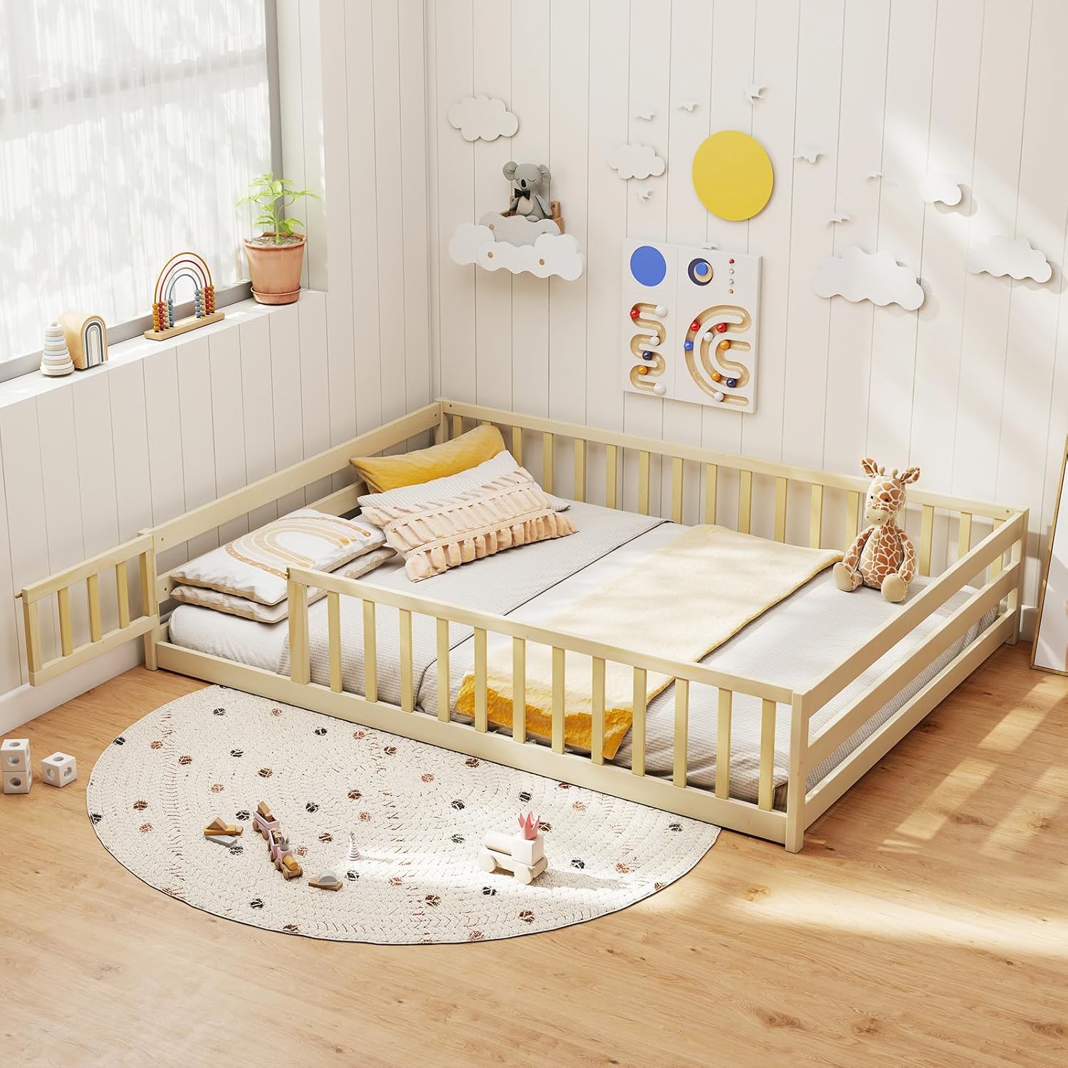 KOMFOTT Full Size Wood Floor Bed with Safety Guardrails for Kids