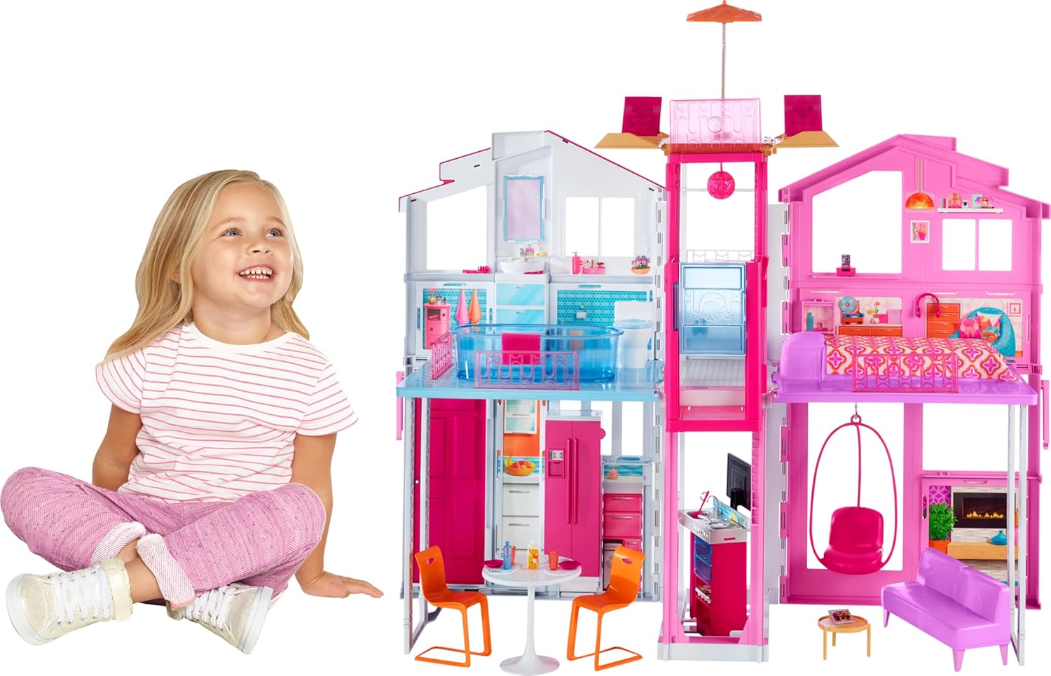 Barbie 3-Story Townhouse Dollhouse with Elevator and Swing Chair