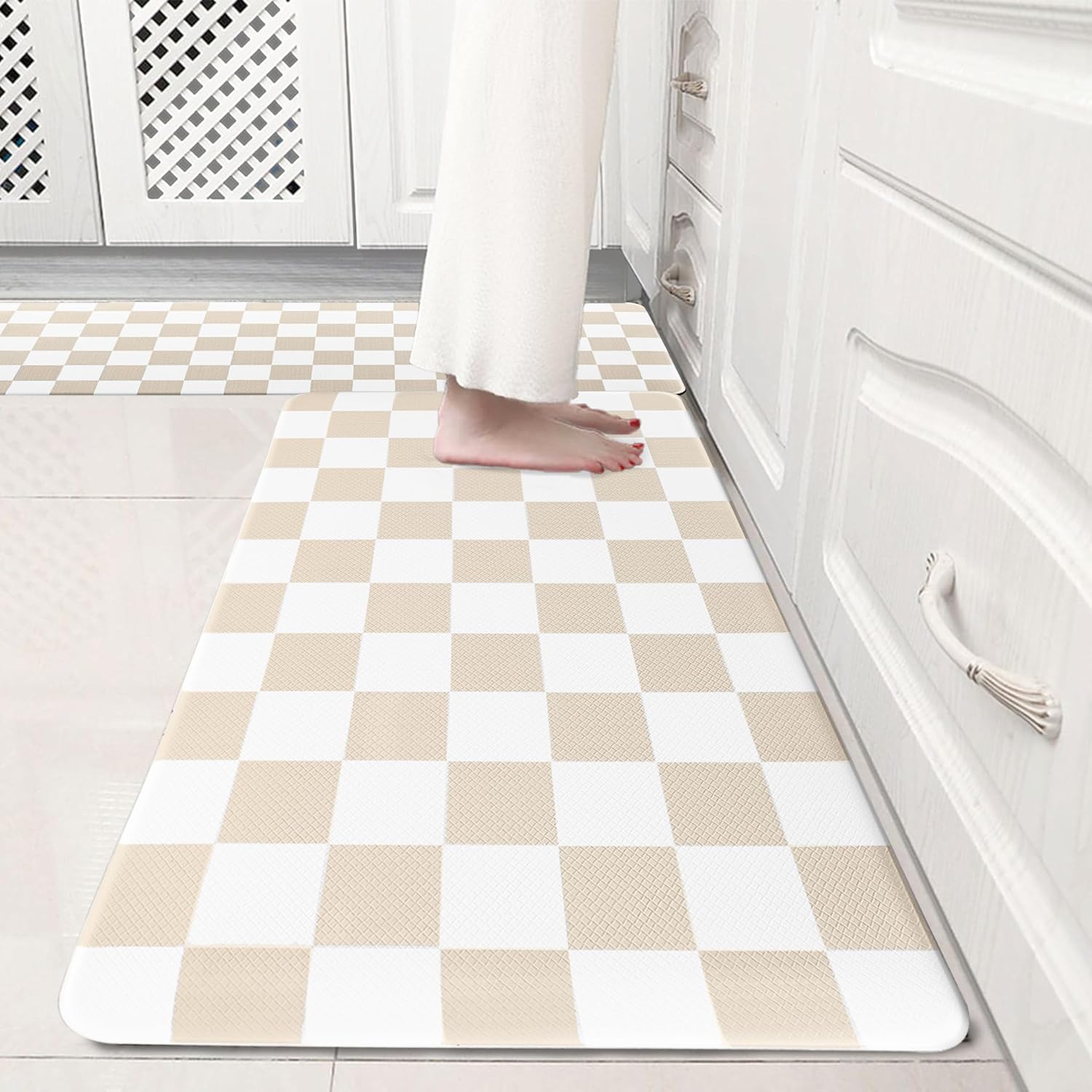 Cream Checkered Grid Kitchen Rug Sets for Comfort and Style