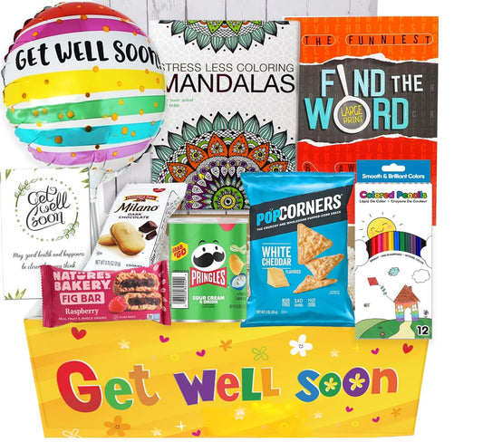 Get Well Gift Basket for Adults and Kids with Snacks and Balloon
