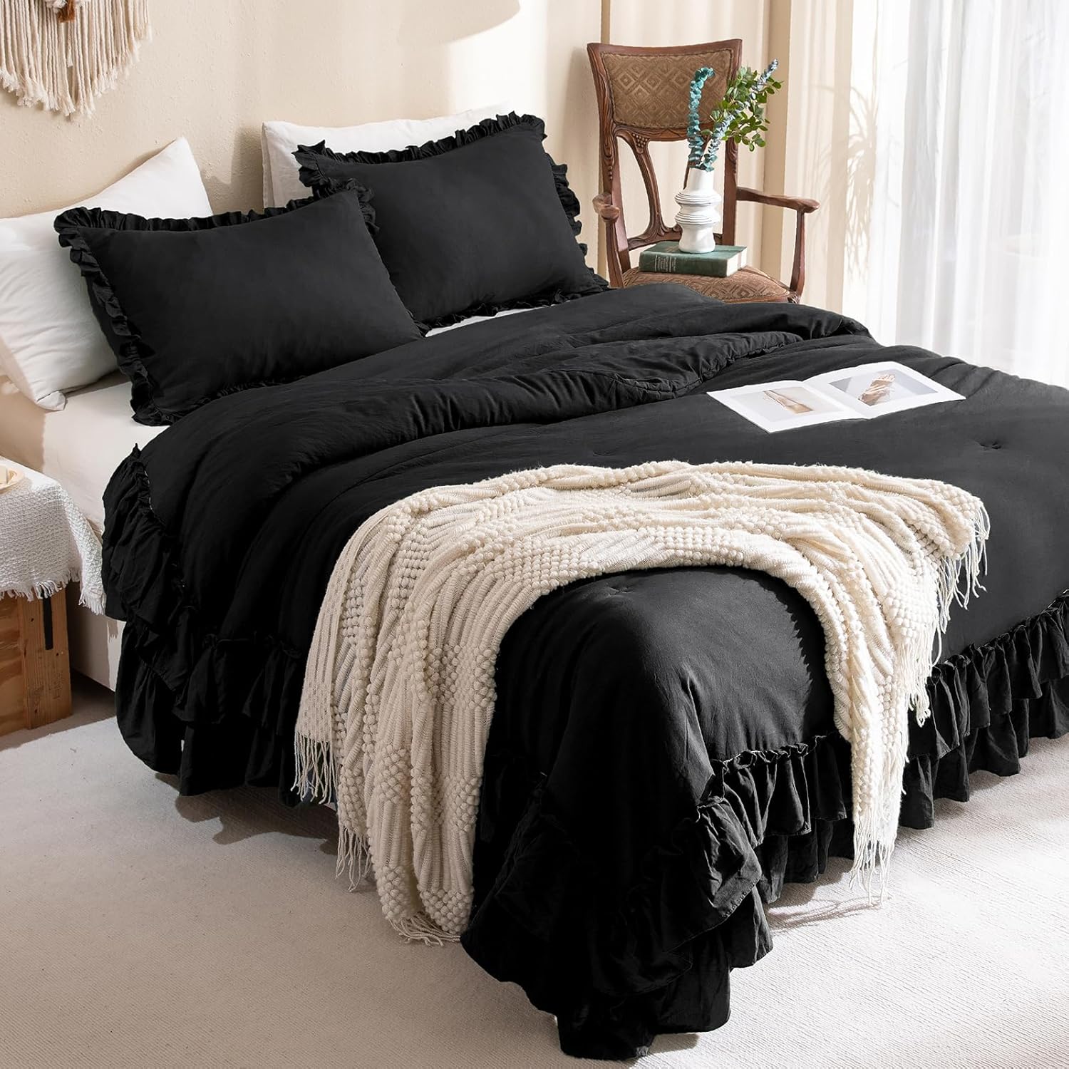 Masaca Black Ruffled Comforter King for Chic Farmhouse Style