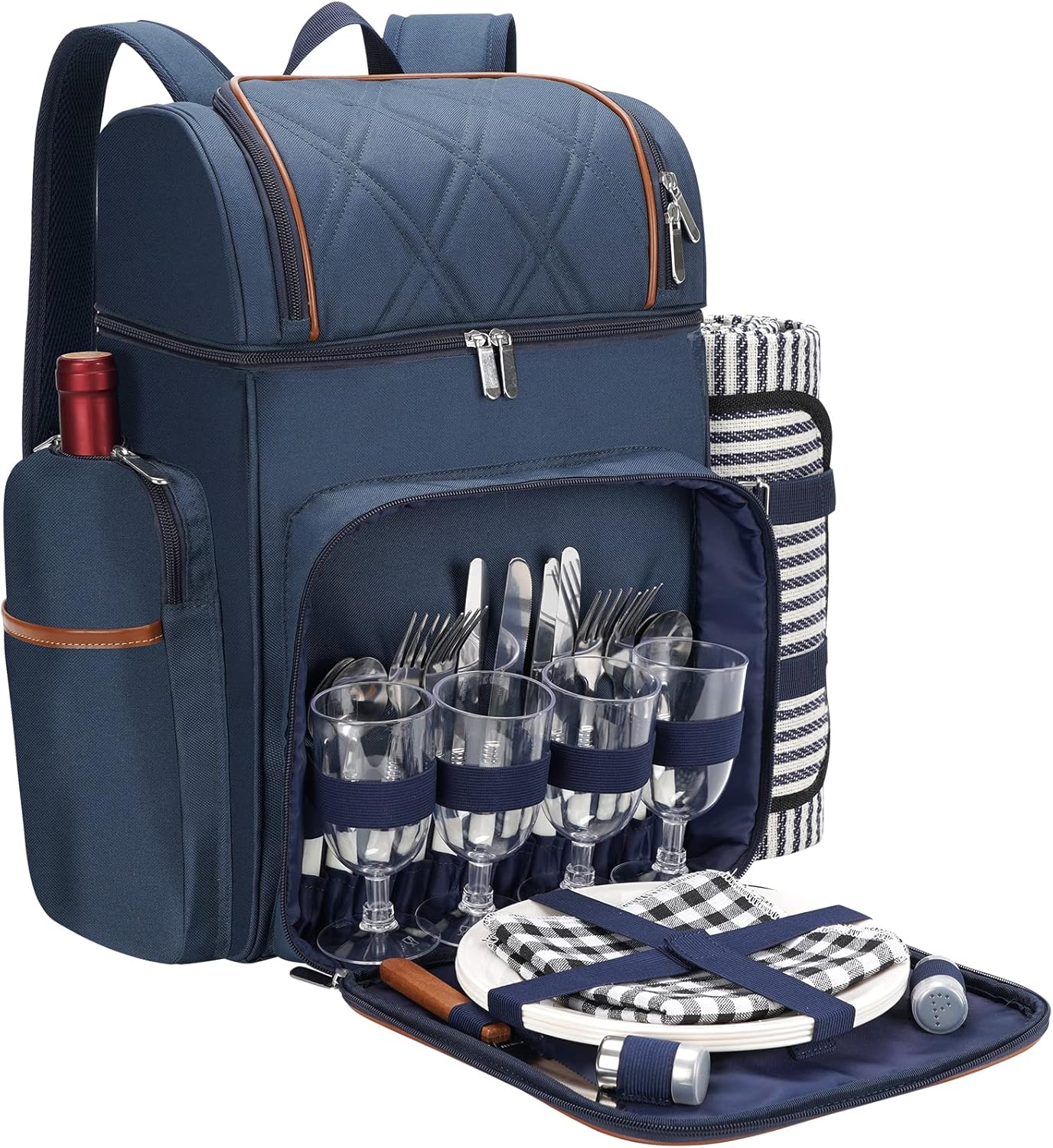 Picnic Backpack for 4 with Insulated Cooler and Blanket Set