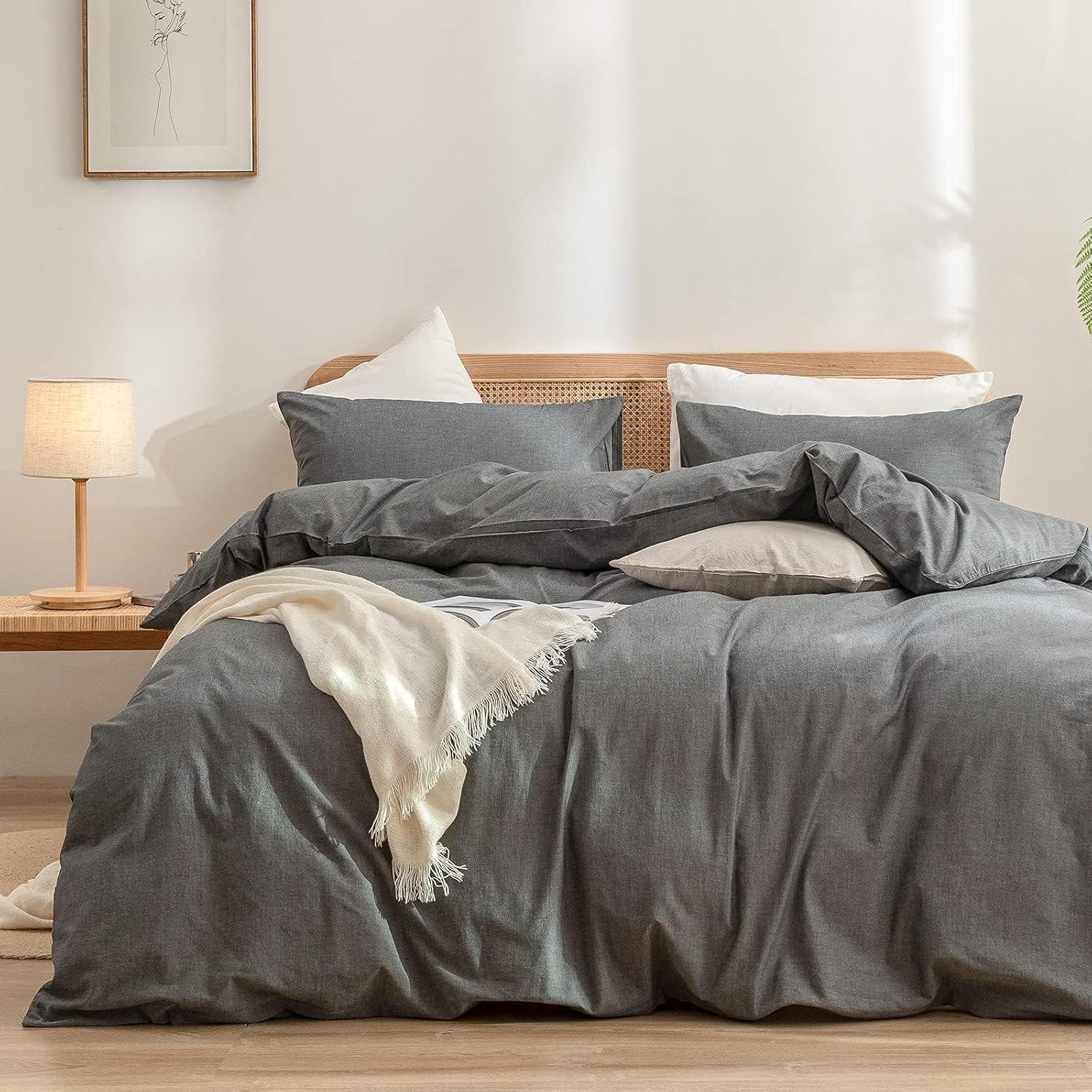BESTOUCH Duvet Cover Set in Dark Grey - Soft Cotton Linen Feel