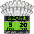 Cat 6 Ethernet Cable 20-Pack 5 ft - 10Gbps RJ45 Patch Cords