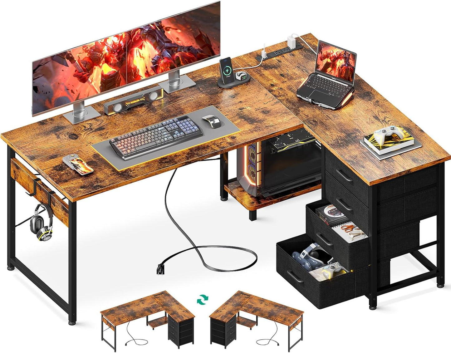 Vintage L-Shaped Gaming Desk with Storage