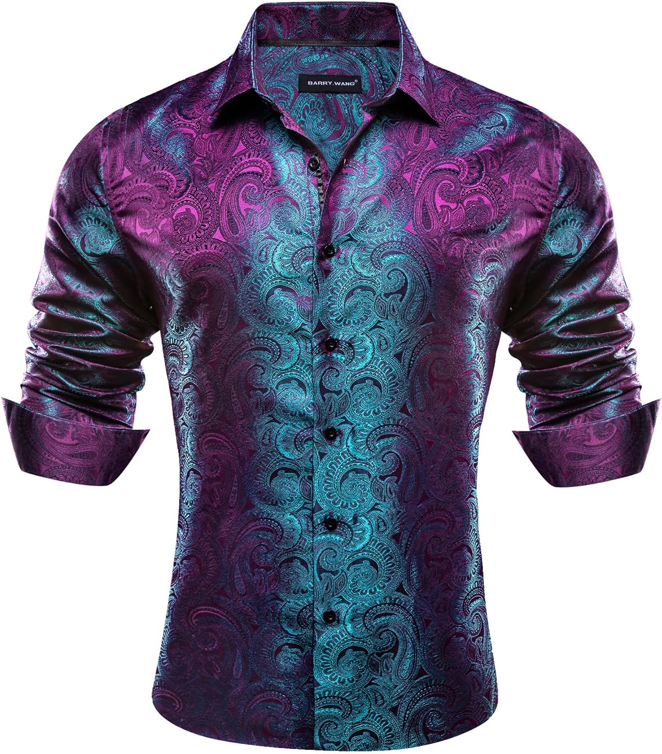 Barry.Wang Men Dress Shirts Paisley 70s Disco Silk Tops