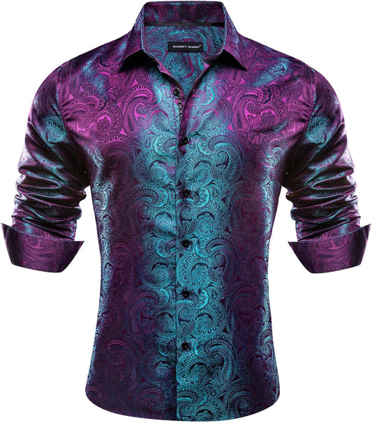 Barry.Wang Men's Dress Shirt Paisley Silk Long Sleeve Button Down